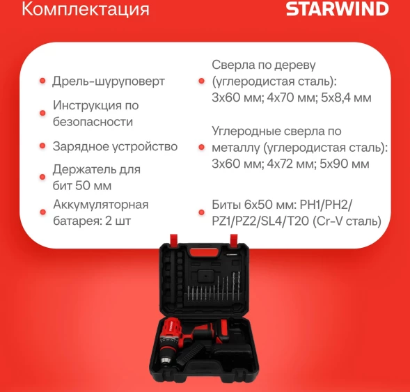 Дрель-шуруповерт Starwind CDB20-2.0/2hs1 40Вт аккум. патрон:быстрозажимной (кейс в комплекте)