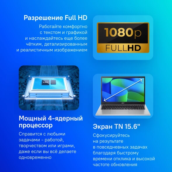 Ноутбук Acer Extensa 15 EX215-34-C6UB N-series N100 8Gb SSD256Gb Intel UHD Graphics 15.6&amp;quot; TN FHD (1920x1080) без ОС silver WiFi BT Cam (NX.EHTCD.006)