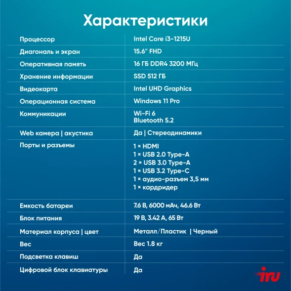 Ноутбук IRU Strato 15ALI Core i3 1215U 16Gb SSD512Gb Intel UHD Graphics 15.6&amp;quot; IPS FHD (1920x1080) Windows 11 Pro Multi Language 64 black WiFi BT Cam 6000mAh (2059109)