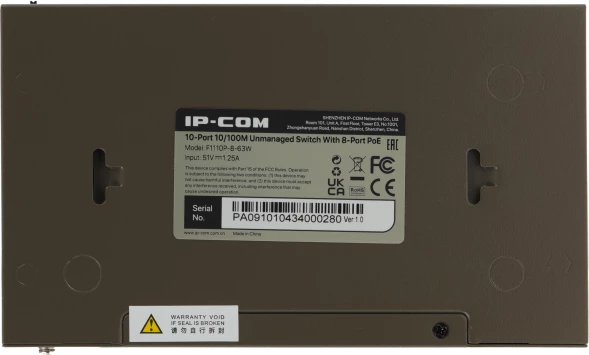 Коммутатор IP-Com F1110P-8-63W (L2) 10x100Мбит/с 8PoE 58W неуправляемый