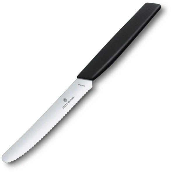 Нож кухонный Victorinox Swiss Modern (6.9003.11W) стальной столовый для томатов лезв.110мм серрейт. заточка черный