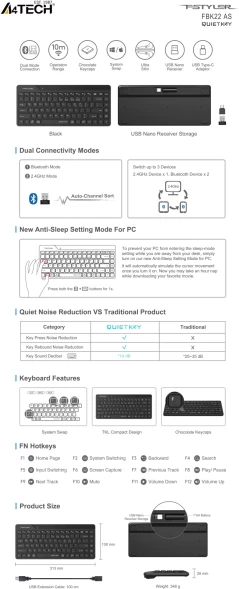 Клавиатура A4Tech Fstyler FBK22 AS черный USB беспроводная BT/Radio (FBK22 AS)