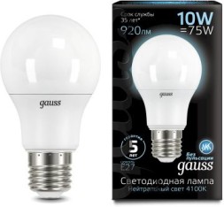 Лампа светодиодная Gauss A60 10Вт цок.:E27 шар 220B 4100K св.свеч.бел.нейт. A60 (упак.:10шт) (102502210)