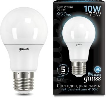 Лампа светодиодная Gauss A60 10Вт цок.:E27 шар 220B 4100K св.свеч.бел.нейт. A60 (упак.:10шт) (102502210)