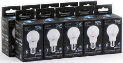 Лампа светодиодная Gauss A60 10Вт цок.:E27 шар 220B 4100K св.свеч.бел.нейт. A60 (упак.:10шт) (102502210)