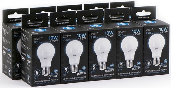 Лампа светодиодная Gauss A60 10Вт цок.:E27 шар 220B 4100K св.свеч.бел.нейт. A60 (упак.:10шт) (102502210)