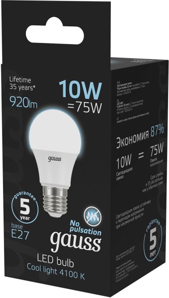 Лампа светодиодная Gauss A60 10Вт цок.:E27 шар 220B 4100K св.свеч.бел.нейт. A60 (упак.:10шт) (102502210)