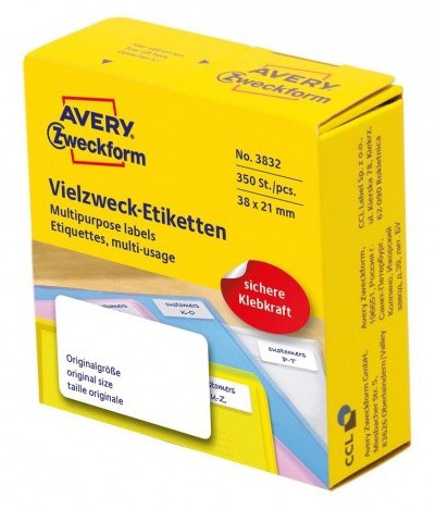 Этикетки Avery Zweckform 3832 38x21мм 350шт на листе/70г/м2/белый самоклей. универсальная