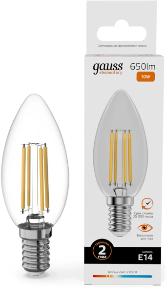 Лампа филам. Gauss Filament 10Вт цок.:E14 свеча 220B св.свеч.бел.теп. (упак.:10шт) (32110)