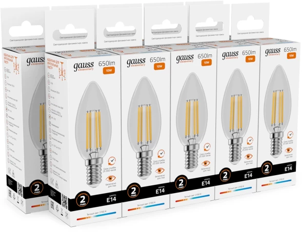 Лампа филам. Gauss Filament 10Вт цок.:E14 свеча 220B св.свеч.бел.теп. (упак.:10шт) (32110)