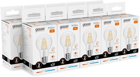 Лампа филам. Gauss Filament 11Вт цок.:E27 груша 220B св.свеч.бел.теп. (упак.:10шт) (22211)