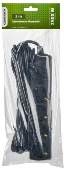 Сетевой удлинитель IEK У05 3м (5 розеток) черный (пакет ПЭ)