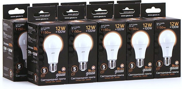 Лампа светодиодная Gauss A60 12Вт цок.:E27 шар 220B 3000K св.свеч.бел.теп. A60 (упак.:10шт) (102502112)