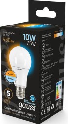 Лампа светодиодная Gauss A60 10Вт цок.:E27 груша 220B 2700K св.свеч.бел.теп. (упак.:1шт) (102502110-T)