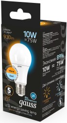 Лампа светодиодная Gauss A60 10Вт цок.:E27 груша 220B 2700K св.свеч.бел.теп. (упак.:1шт) (102502110-T)
