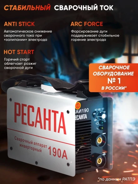 Сварочный аппарат Ресанта САИ-190 инвертор ММА DC 6.5кВт