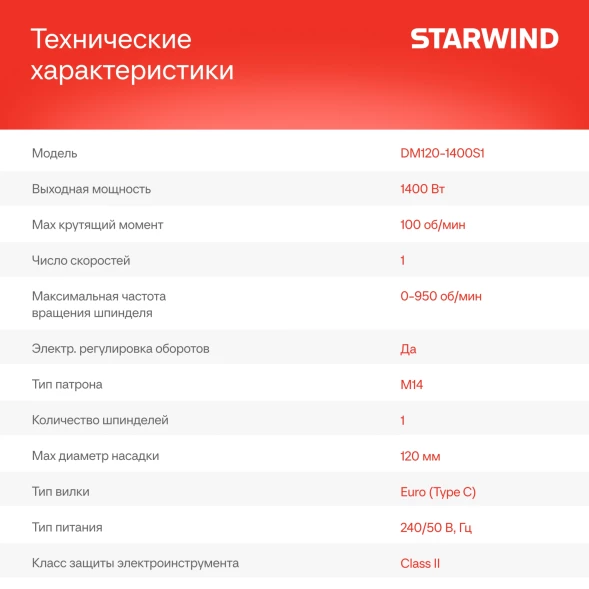 Дрель-миксер безударная Starwind DM120-1400S1 1400Вт М14
