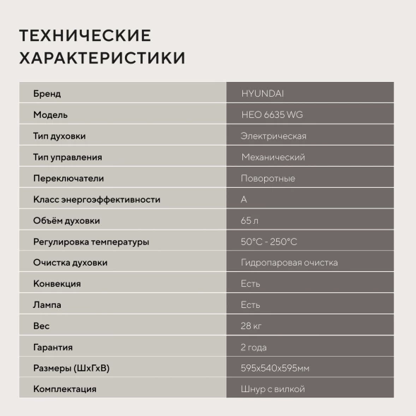 Духовой шкаф Электрический Hyundai HEO 6635 WG белый
