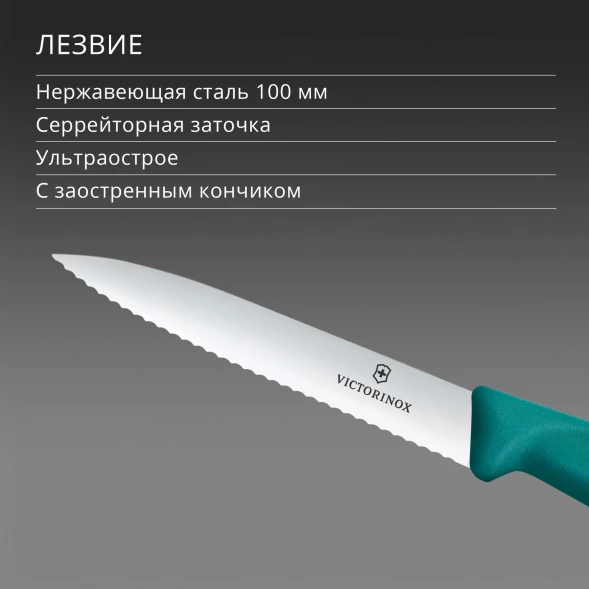 Нож кухонный Victorinox Swiss Classic (6.7734.C1) стальной универсальный для чистки овощей и фруктов лезв.100мм серрейт. заточка зеленый