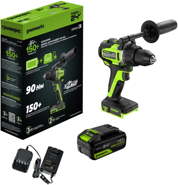 Дрель-шуруповерт Greenworks GD24DD90 аккум. патрон:быстрозажимной (3707507CUD)