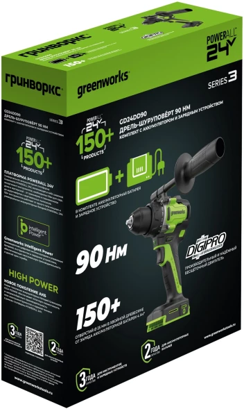 Дрель-шуруповерт Greenworks GD24DD90 аккум. патрон:быстрозажимной (3707507CUD)