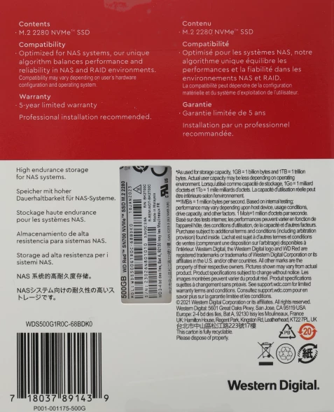 Накопитель SSD WD Original PCIe 3.0 x4 500GB WDS500G1R0C Red SN700 M.2 2280