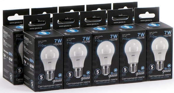 Лампа светодиодная Gauss 7Вт цок.:E27 шар 220B 4100K св.свеч.бел.нейт. A60 (упак.:10шт) (102502207)