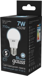 Лампа светодиодная Gauss 7Вт цок.:E27 шар 220B 4100K св.свеч.бел.нейт. A60 (упак.:10шт) (102502207)