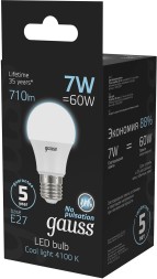 Лампа светодиодная Gauss 7Вт цок.:E27 шар 220B 4100K св.свеч.бел.нейт. A60 (упак.:10шт) (102502207)