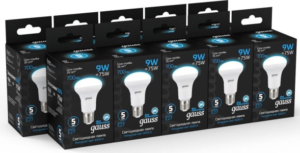 Лампа светодиодная Gauss 106002309 9Вт цок.:E27 рефлек. 150B 6500K св.свеч.бел.хол. R63 (упак.:1шт)