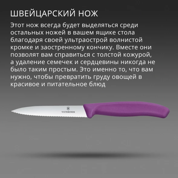 Нож кухонный Victorinox Swiss Classic (6.7735.C1) стальной универсальный для чистки овощей и фруктов лезв.100мм серрейт. заточка пурпурный