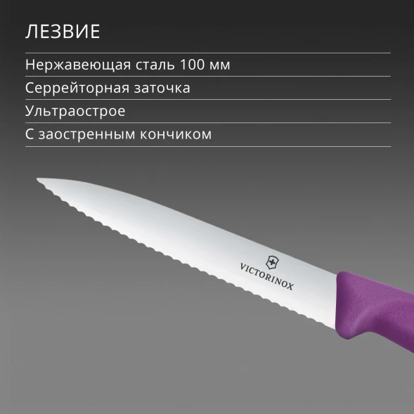 Нож кухонный Victorinox Swiss Classic (6.7735.C1) стальной универсальный для чистки овощей и фруктов лезв.100мм серрейт. заточка пурпурный