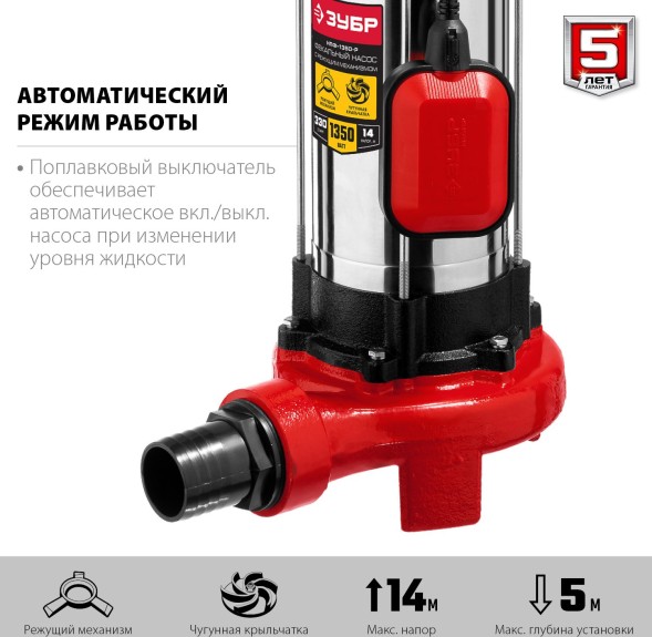 Насос фекальный Зубр Мастер НПФ-1350-Р 1350Вт 19800л/час центробежный