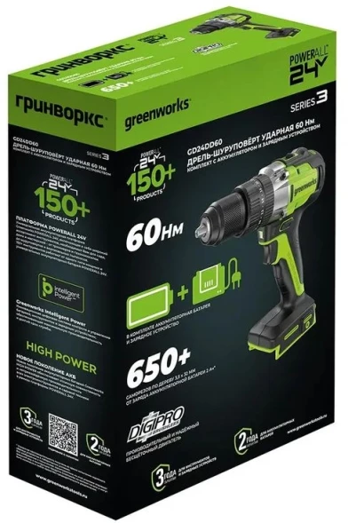 Дрель-шуруповерт Greenworks GD24DD60 аккум. патрон:быстрозажимной (3704107CUB)