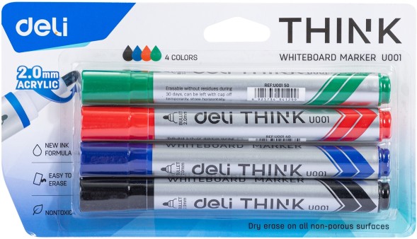 Набор маркеров для досок Deli EU00101 Think круглый пиш. наконечник 2мм 4цв. блистер (4шт.)
