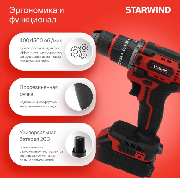 Дрель-шуруповерт Starwind CD20-2.0/2.0hS1 40Вт аккум. патрон:быстрозажимной (кейс в комплекте)