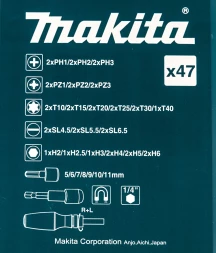 Отвертка Makita B-36170 в компл.:47 предметов жесткий кейс