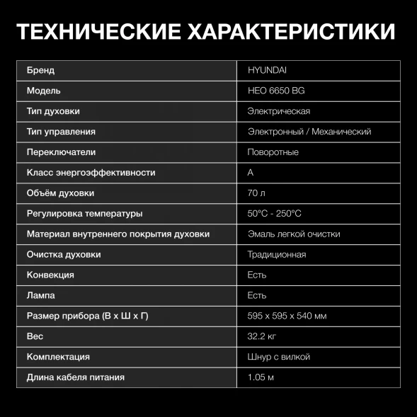 Духовой шкаф Электрический Hyundai HEO 6650 BG черный