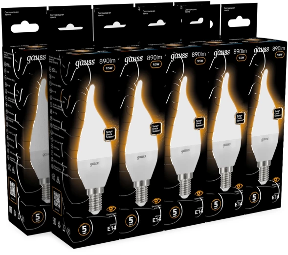 Лампа светодиодная Gauss 9.5Вт цок.:E14 свеча 220B св.свеч.бел.теп. (упак.:10шт) (104101110)