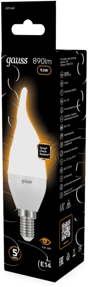 Лампа светодиодная Gauss 9.5Вт цок.:E14 свеча 220B св.свеч.бел.теп. (упак.:10шт) (104101110)