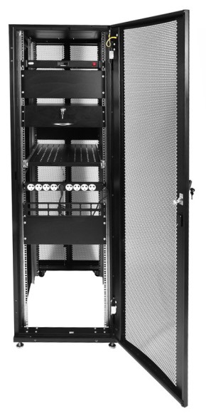 Шкаф серверный ЦМО (ШТК-СП-42.6.10-48АА-9005) напольный 42U 600x990мм пер.дв.перфор. 2 бок.пан. задн.дв.перфор.2-хст. направл.под закл.гайки 1350кг черный 683мм 141кг 120град. 1950мм IP20 сталь