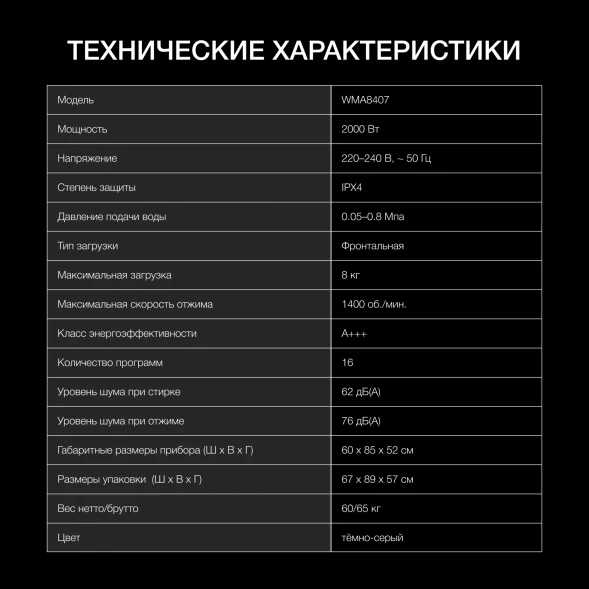 Стиральная машина Hyundai WMA8407 класс: A+++ загр.фронтальная макс.:8кг темно-серый инвертер