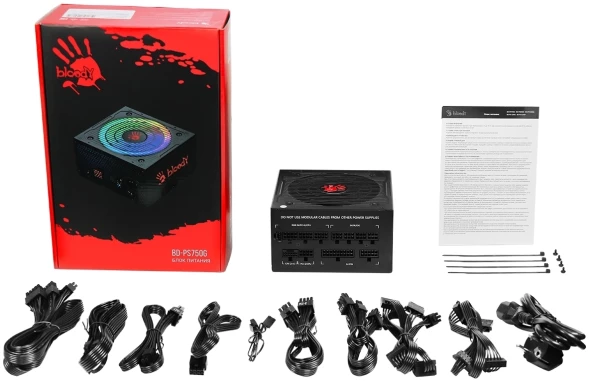 Блок питания Bloody ATX 750W BD-PS750G 80+ gold (20+4pin) APFC 120mm fan color LED 6xSATA Cab Manag RTL