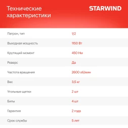 Гайковерт Starwind AIW450-1.2S1 1150Вт патрон:квад.1/2" (кейс в комплекте)