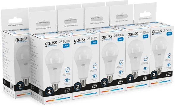 Лампа светодиодная Gauss Elementary A67 30Вт цок.:E27 груша 220B св.свеч.бел.хол. (упак.:10шт) (73239)
