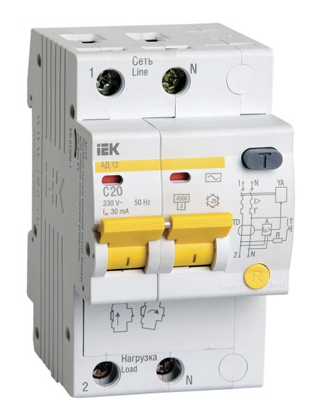 Выключатель автом. дифф. тока IEK MAD10-2-020-C-030 АД12 20A тип C 4.5kA 30мА AC 2П 230В 3мод белый (упак.:1шт)
