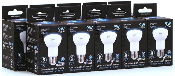 Лампа светодиодная Gauss R63 9Вт цок.:E27 рефлек. 220B 4100K св.свеч.бел.нейт. (упак.:10шт) (106002209)