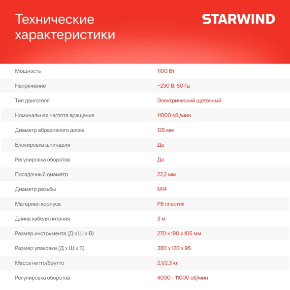Углошлифовальная машина Starwind AG125E-1100 1100Вт 11000об/мин рез.шпин.:M14 d=125мм