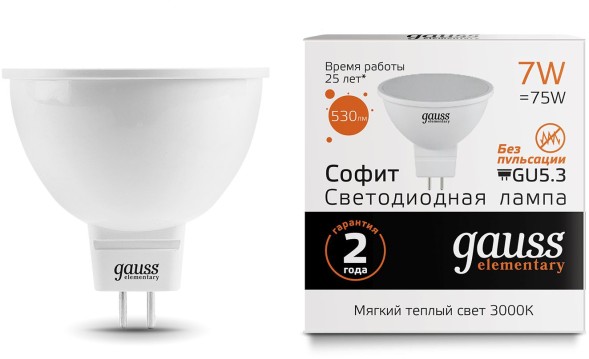 Лампа светодиодная Gauss 7Вт цок.:GU5.3 рефлек. 220B 3000K св.свеч.бел.теп. MR16 (упак.:1шт) (13517)