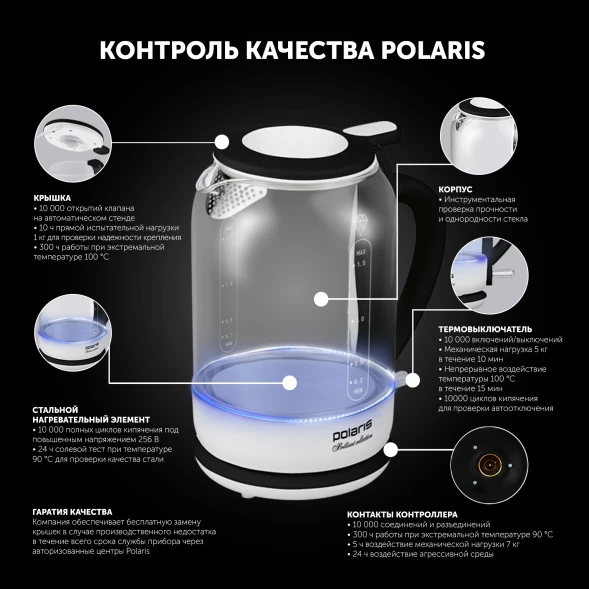 Чайник электрический Polaris PWK 1753CGL 1.5л. 1950Вт белый/черный корпус: стекло/металл/пластик
